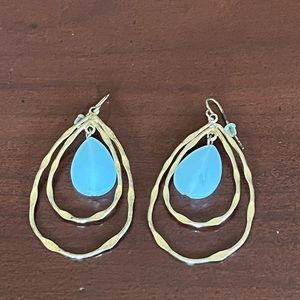 Gold‎ tone drop earrings with large faux teal crystal Host Pick!⚜️⚜️⚜️